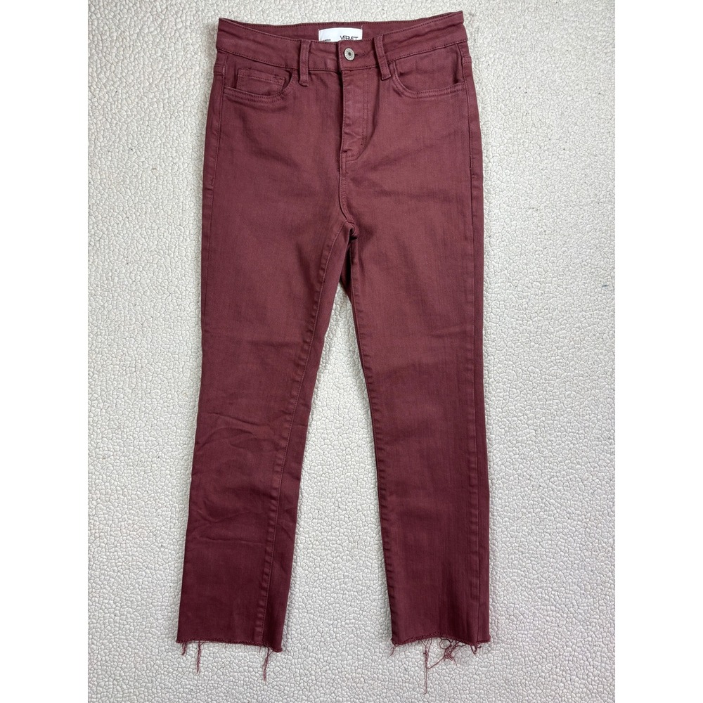 Vervet Jeans 26 Women Burgundy High Rise Straight Leg Raw Him Ankle Crop Stretch